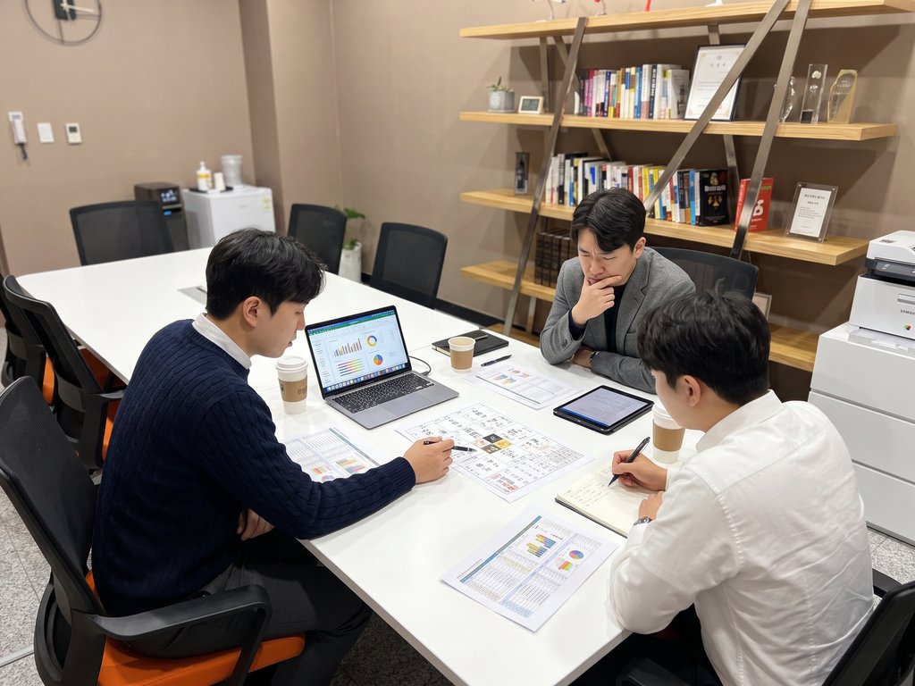 명리 연구진이 사주 데이터를 두고 함께 회의하며 분석하는 모습
