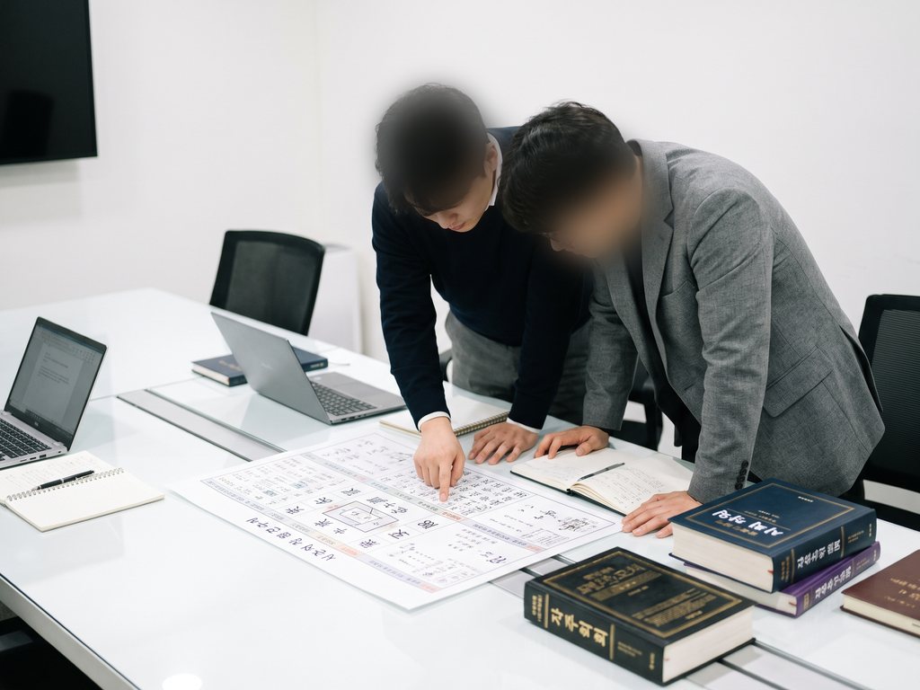 연구원들이 명식 도표를 두고 교차 검증하는 모습